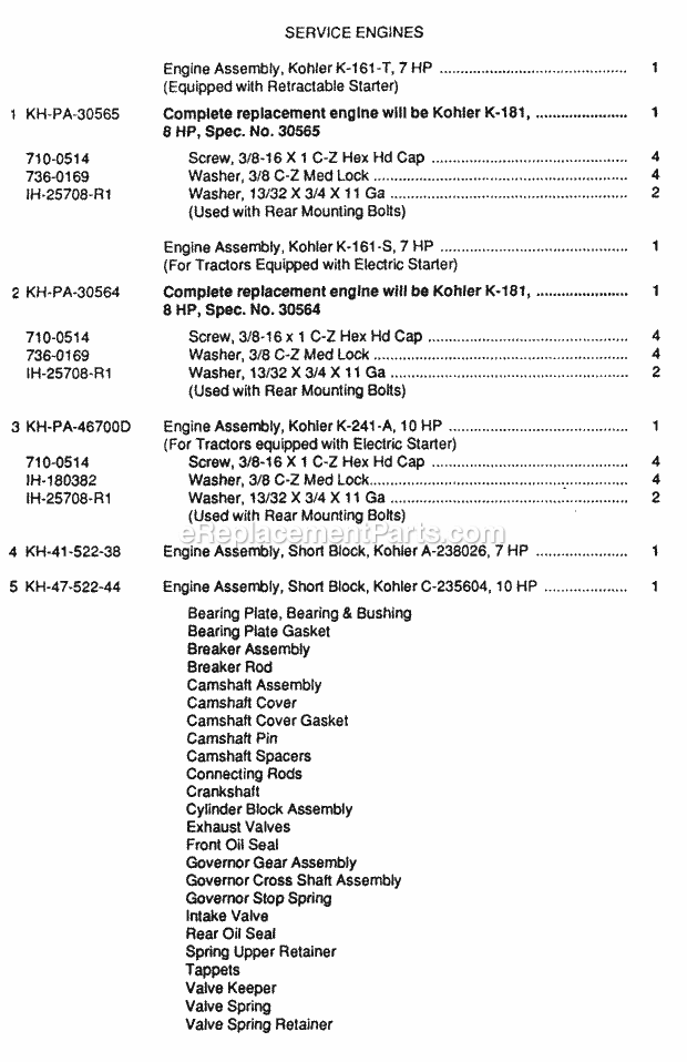 Service Engines Diagram and Parts List for 70  Cub Cadet Lawn Tractor